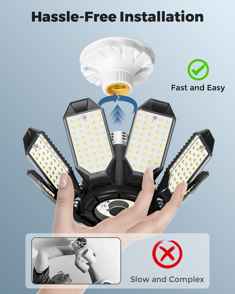 Adiding LED Garage Ceiling Lights 14000Lm w/ 8 Adjustable Panels, Super Bright Deformable Basement Light Bulb Fixture Screw in E26 Bulbs Socket for Indoor Shop, Workshop, Attic, Barn, Bay, Home Gym - Image 4